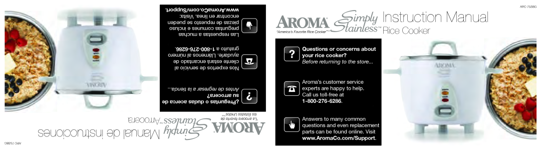 Aroma ARC-753SG instruction manual Instruction Manual, instrucciones de Manual, Rice Cooker, Arrocera, arrocera? su 