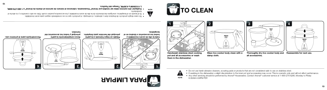 Aroma ARC-753SG instruction manual To Clean, Limpiar Para 