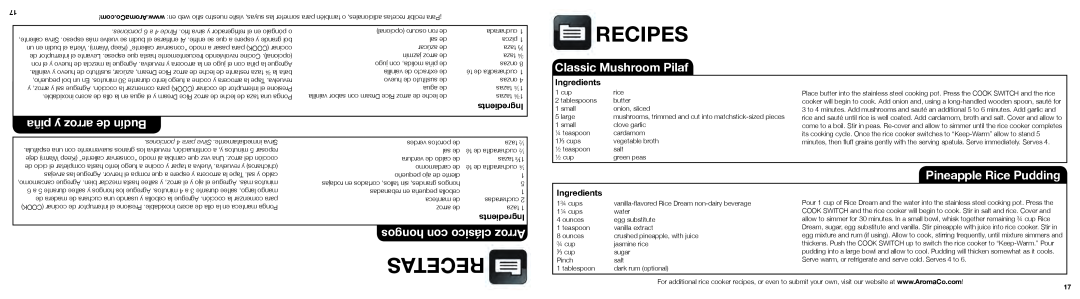 Aroma ARC-753SG Recipes, Recetas, Classic Mushroom Pilaf, piña y arroz de Budín, hongos con clásico Arroz, Ingredients 