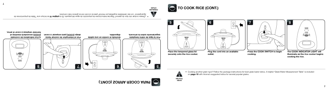 Aroma ARC-753SG instruction manual To Cook Rice Cont, Cont Arroz Cocer Para, cocer a empezar para COOK abajo, disponible 
