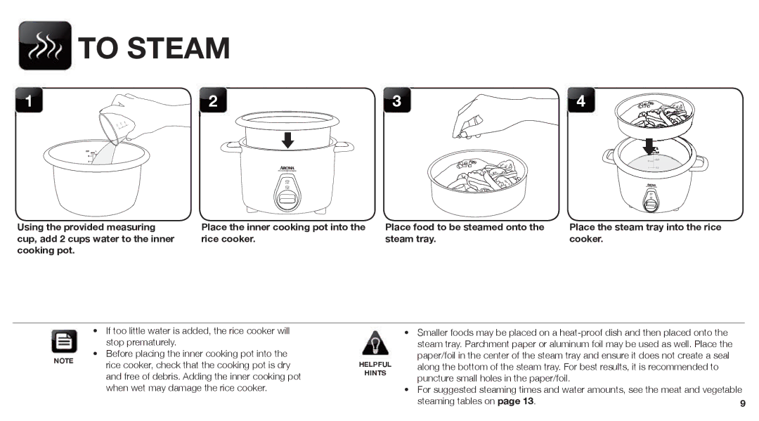 Aroma ARC-760-NGRP instruction manual To Steam, When wet may damage the rice cooker 