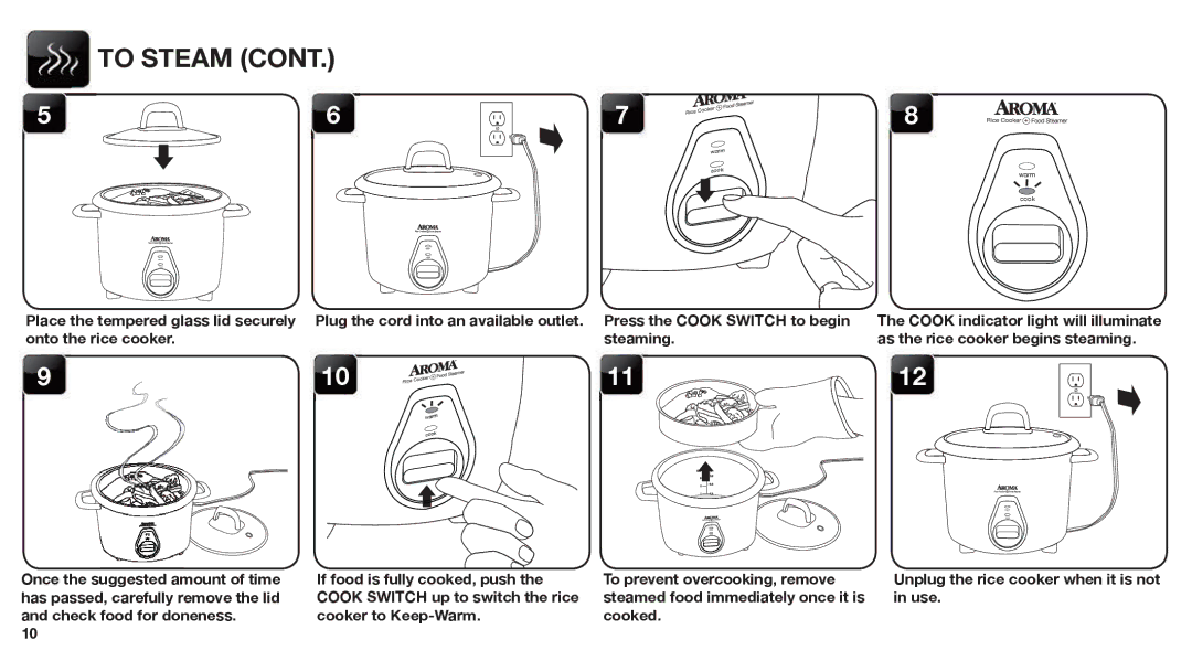 Aroma ARC-760-NGRP instruction manual To Steam, 1112 