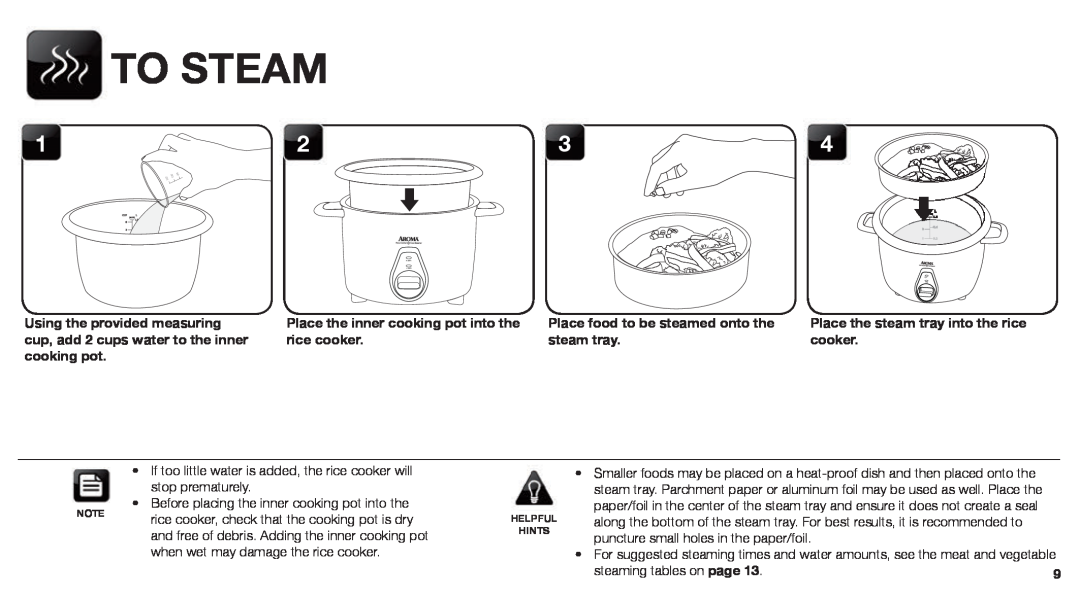 Aroma ARC-760-NGRP To Steam, Place the inner cooking pot into the rice cooker, Place the steam tray into the rice cooker 