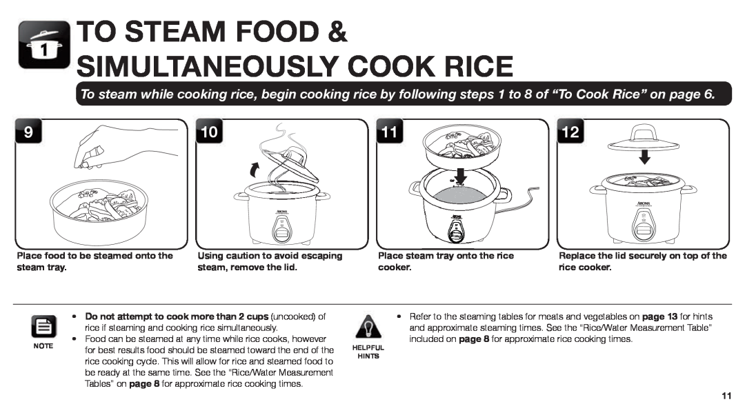 Aroma ARC-760-NGRP instruction manual To Steam Food Simultaneously Cook Rice, Place food to be steamed onto the steam tray 