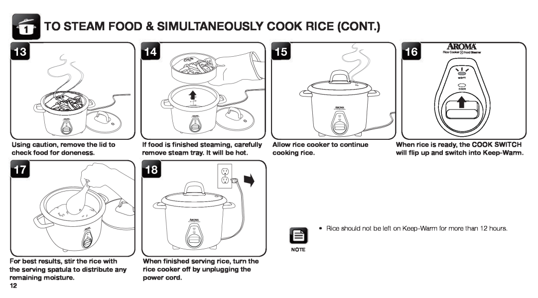 Aroma ARC-760-NGRP To Steam Food & Simultaneously Cook Rice Cont, Allow rice cooker to continue, cooking rice 