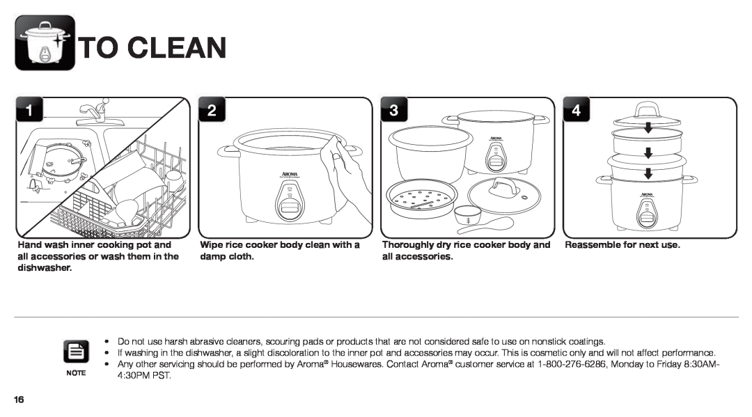 Aroma ARC-760-NGRP instruction manual To Clean, Wipe rice cooker body clean with a damp cloth 