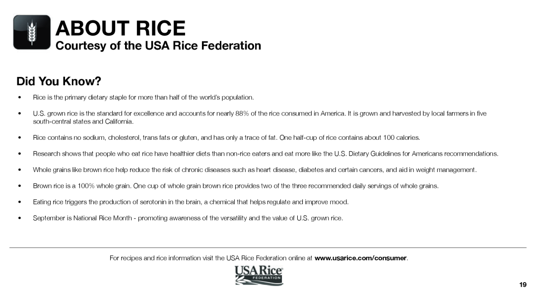 Aroma ARC-760-NGRP instruction manual Courtesy of the USA Rice Federation Did You Know?, About Rice 