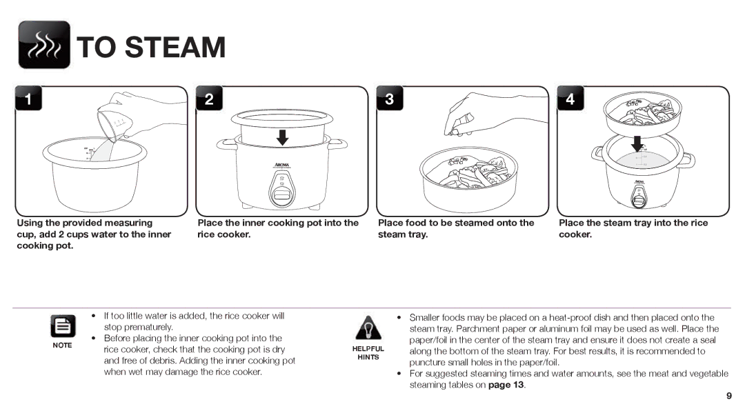 Aroma ARC-767-NGP manual To Steam, When wet may damage the rice cooker 