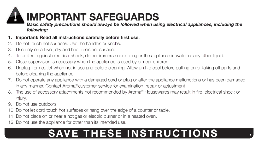 Aroma ARC-767-NGP manual Important Safeguards, Important Read all instructions carefully before first use 