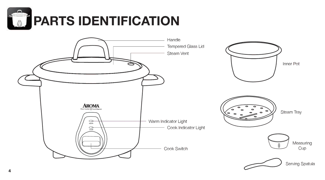 Aroma ARC-767-NGP manual Parts Identification, Handle Tempered Glass Lid Steam Vent, Warm Indicator Light, Cook Switch 