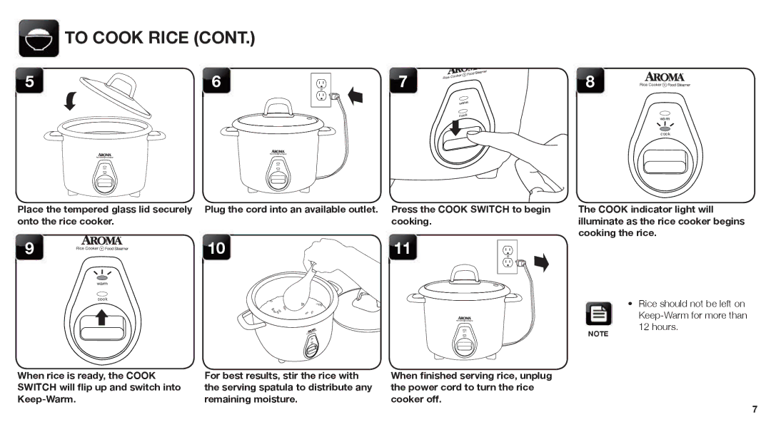 Aroma ARC-767-NGP manual To Cook Rice, Hours 