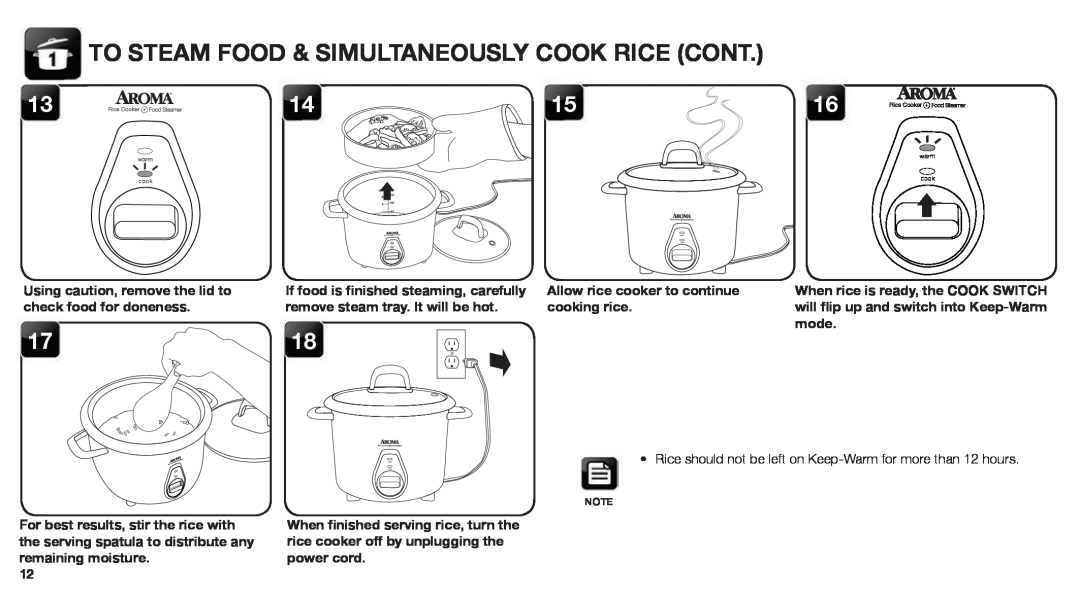 Aroma ARC-767-NGP manual To Steam Food & Simultaneously Cook Rice Cont, Allow rice cooker to continue cooking rice 