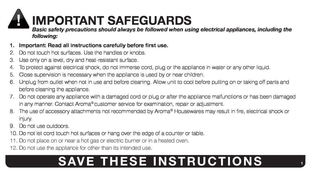 Aroma ARC-767-NGP manual Important Safeguards, Save These Instructions 