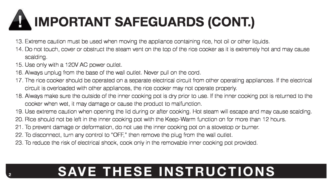 Aroma ARC-767-NGP manual Important Safeguards Cont, 2SAVE THESE INSTRUCTIONS 
