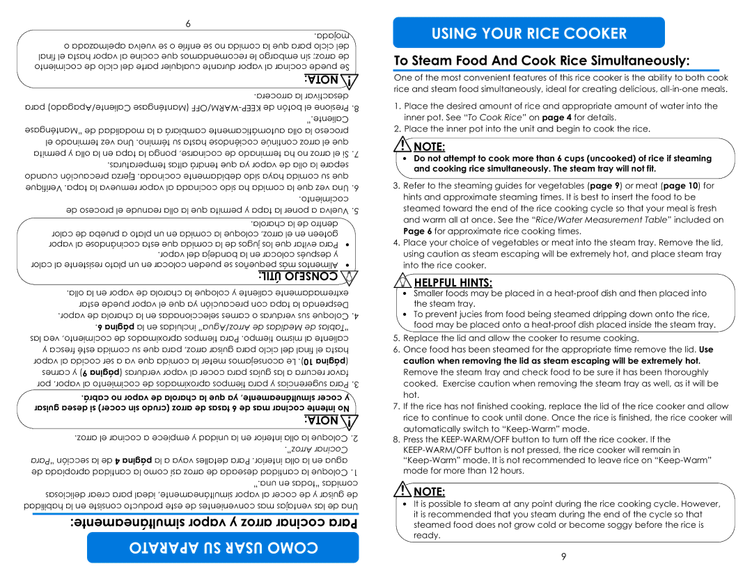 Aroma ARC-787D-ING instruction manual Como Using Your Rice Cooker, To Steam Food And Cook Rice Simultaneously, Il Ejo Con S 