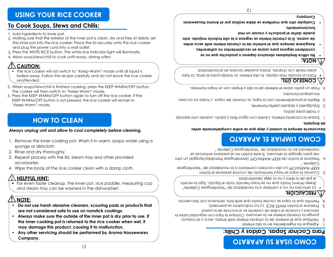 Aroma ARC-787D-ING instruction manual HOW to Clean, Lmi Pai Rco, Com, To Cook Soups, Stews and Chilis 