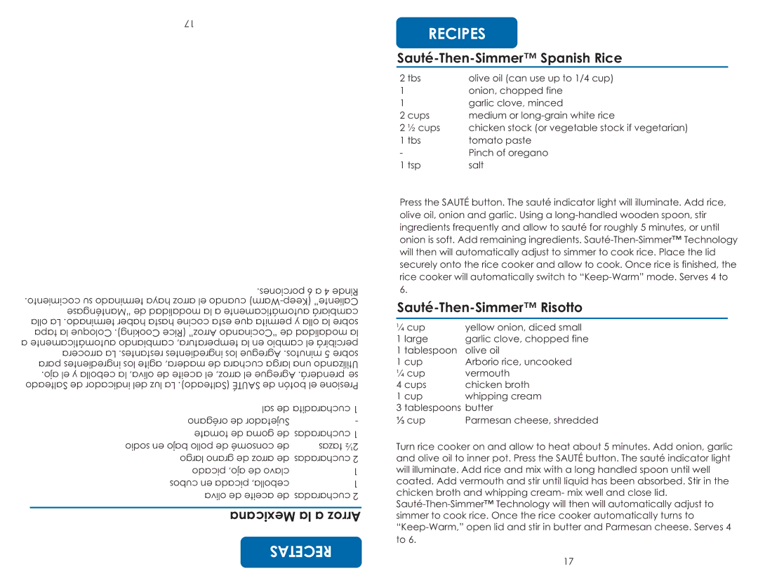 Aroma ARC-787D-ING instruction manual Recipes, Rec E, Sauté-Then-Simmer Spanish Rice, Sauté-Then-Simmer Risotto, Arroz 