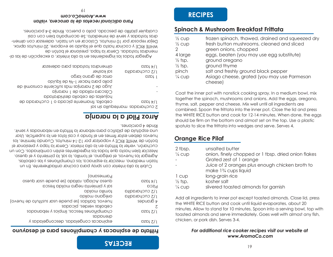 Aroma ARC-787D-ING instruction manual Spinach & Mushroom Breakfast Frittata, Ial, Orange Rice Pilaf 