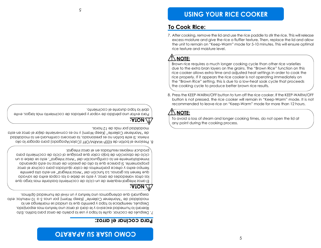 Aroma ARC-787D-ING instruction manual Nota 