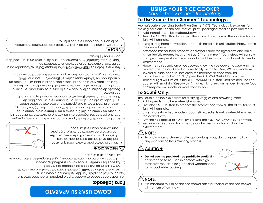 Aroma ARC-787D-ING instruction manual To Use Sauté-Then-SimmerTechnology, To Sauté Only, AdoSalet Paar 