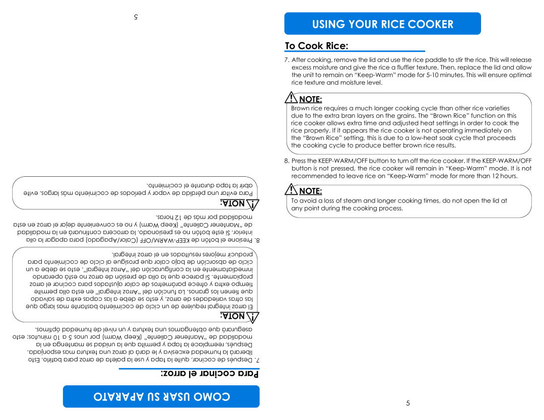 Aroma ARC-787D-ING cocPaniar r, Nota, o za rer, Using Your Rice Cooker, Como, To Cook Rice, A Pasura Tou Sa R 