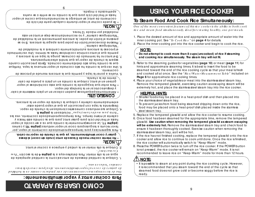 Aroma ARC-790SD-1NG Aparato SU Usar Como Using Your Rice Cooker, Simultáneamente vapor y arroz cocinar Para 