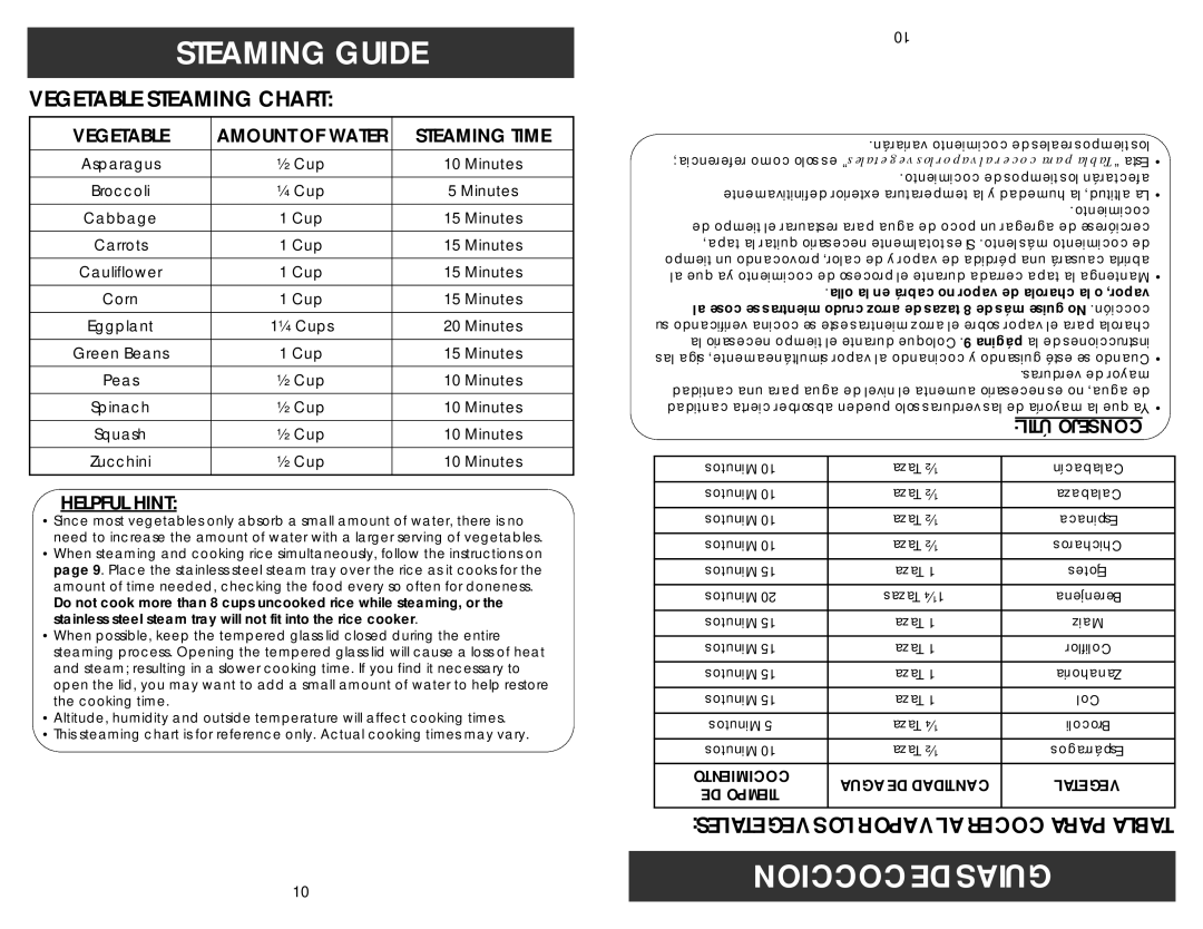 Aroma ARC-790SD-1NG Steaming Guide, Coccion DE Guias, Vegetable Amount of Water Steaming Time, Il Ú T, Ta B 