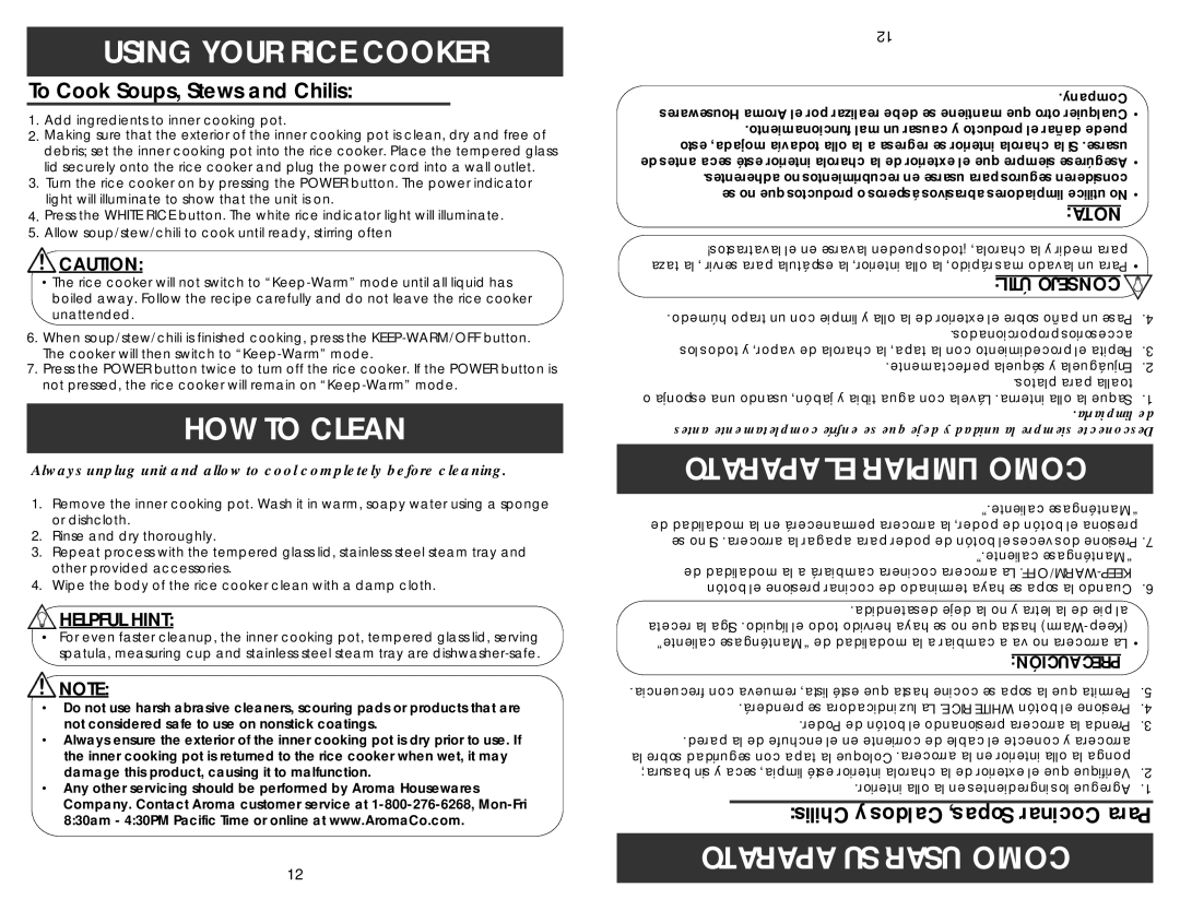 Aroma ARC-790SD-1NG instruction manual HOW to Clean, Aparato EL Limpiar Como, To Cook Soups, Stews and Chilis 