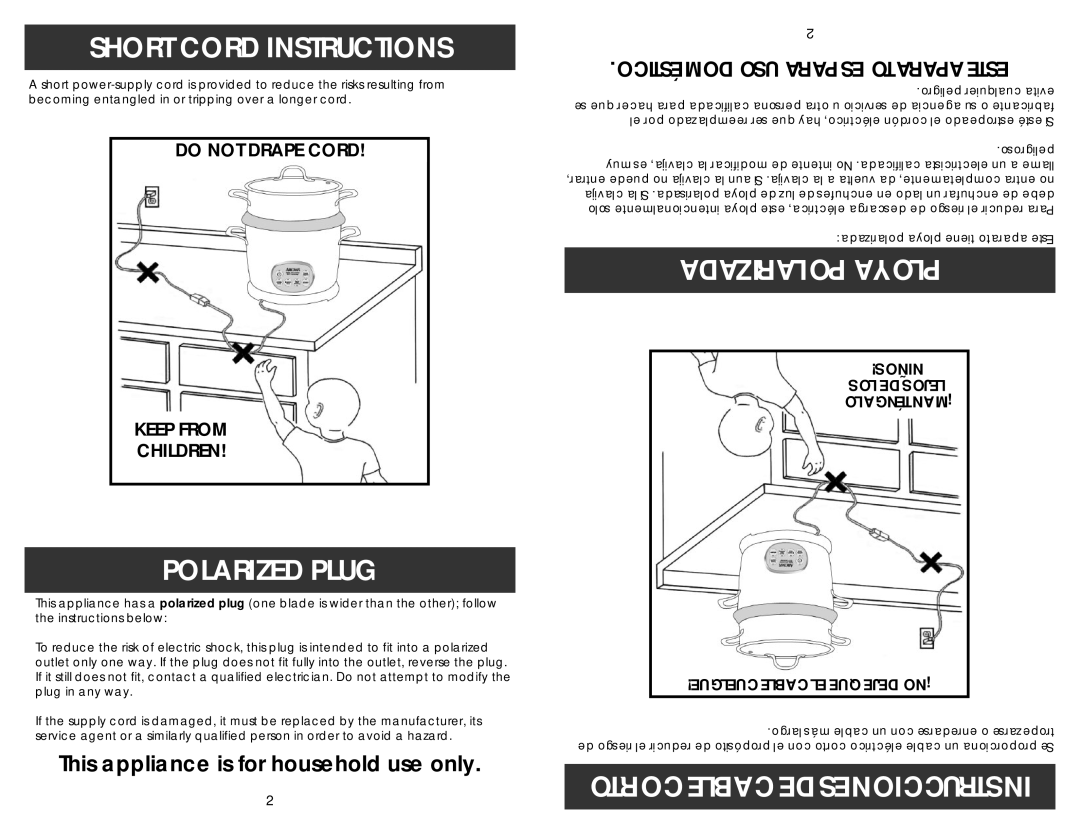 Aroma ARC-790SD-1NG instruction manual Short Cord Instructions, Polarized Plug 