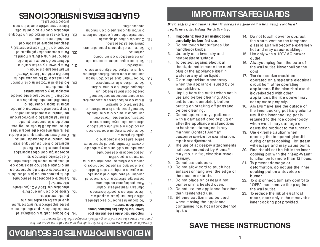 Aroma ARC-790SD-1NG instruction manual Instrucciones Estas Guarde, Important Safeguards, Seguridad De Importantes Medidas 