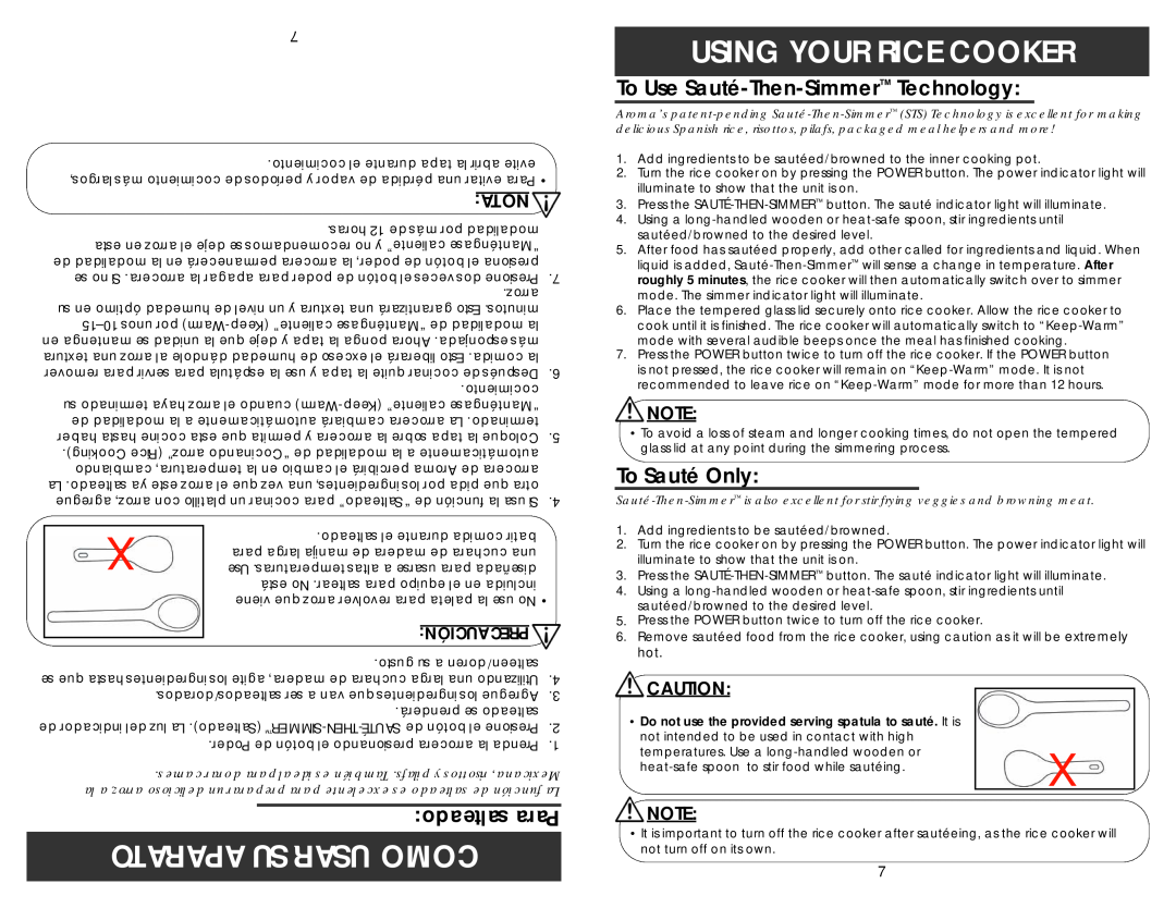 Aroma ARC-790SD-1NG salteado Para, Nota, Precaución, Aparato Su Usar Como, Using Your Rice Cooker, To Sauté Only 