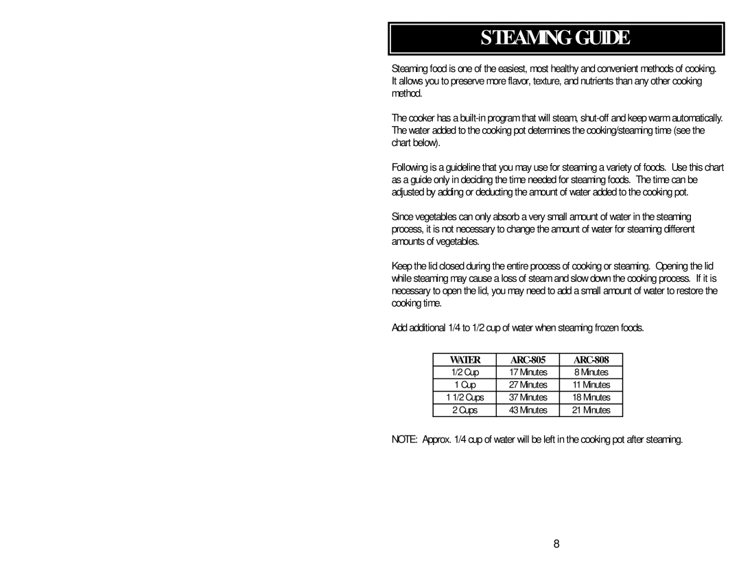 Aroma ARC-805/808 instruction manual Steaming Guide 