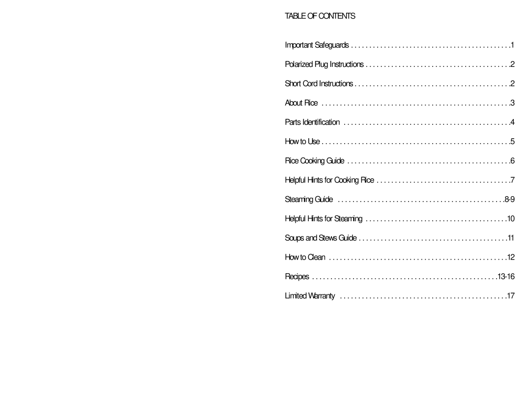 Aroma ARC-805/808 instruction manual Table of Contents 