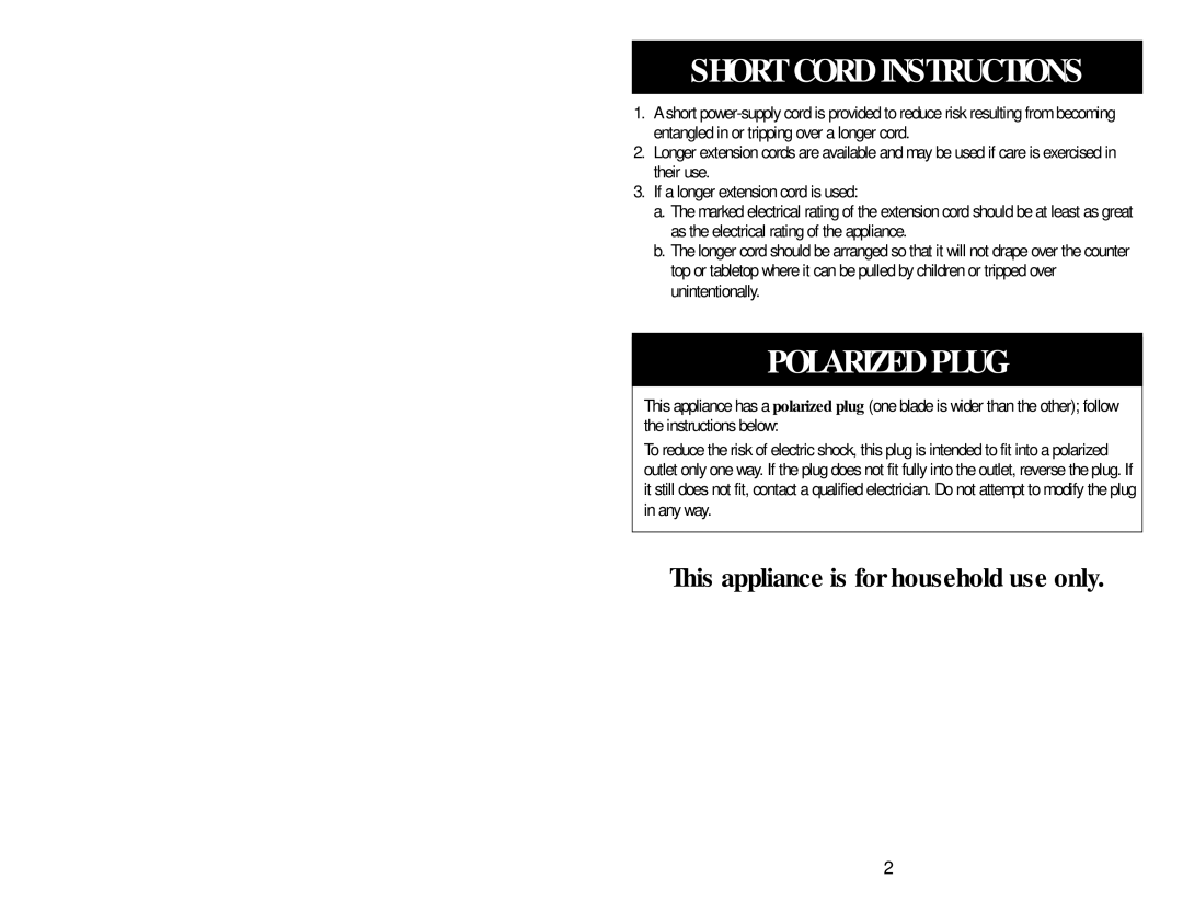 Aroma ARC-805/808 instruction manual Short Cord Instructions, Polarized Plug 