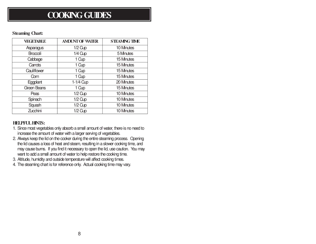 Aroma ARC-826SW instruction manual Steaming Chart, Vegetable Amount of Water Steaming Time 