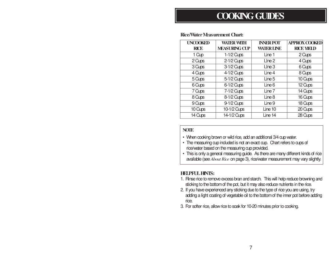 Aroma ARC-826SW instruction manual Cooking Guides, Rice/Water Measurement Chart 