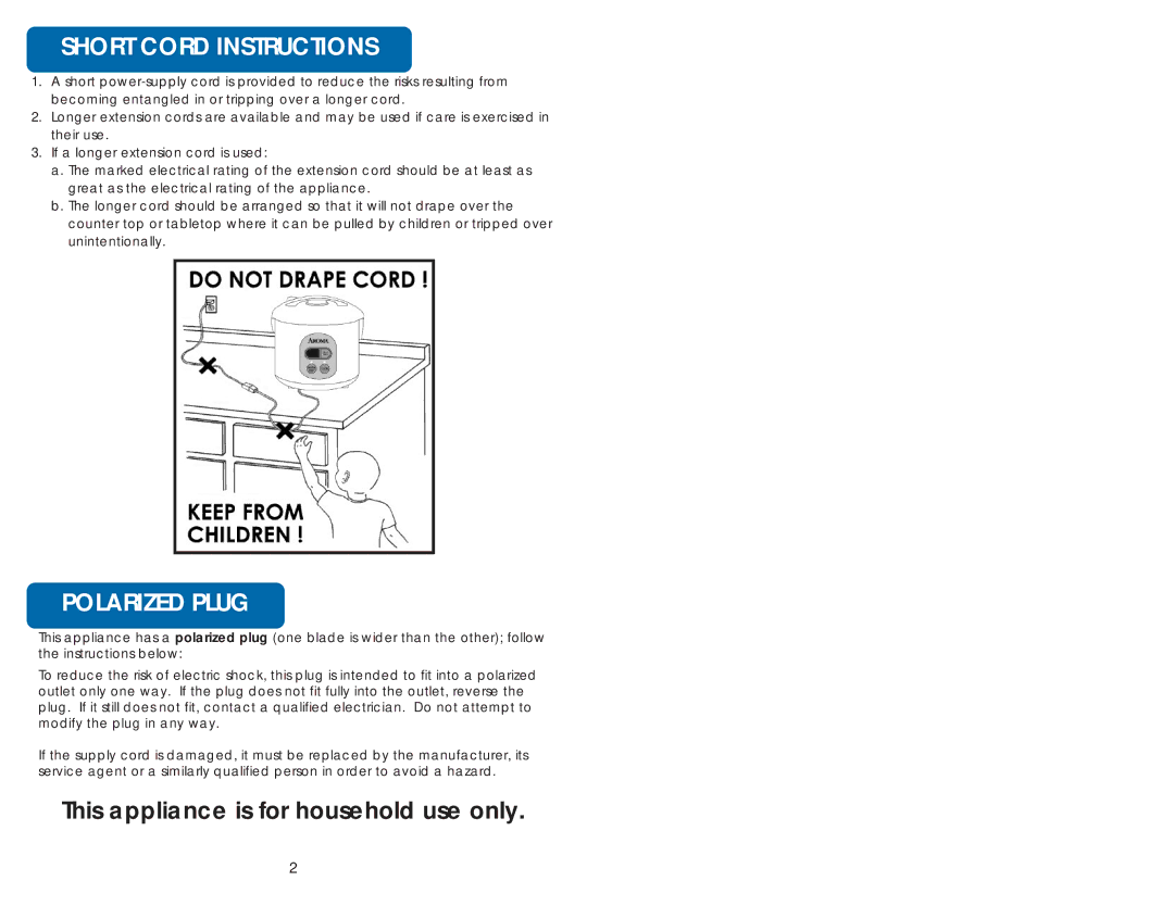 Aroma ARC-830CA instruction manual Short Cord Instructions, Polarized Plug 