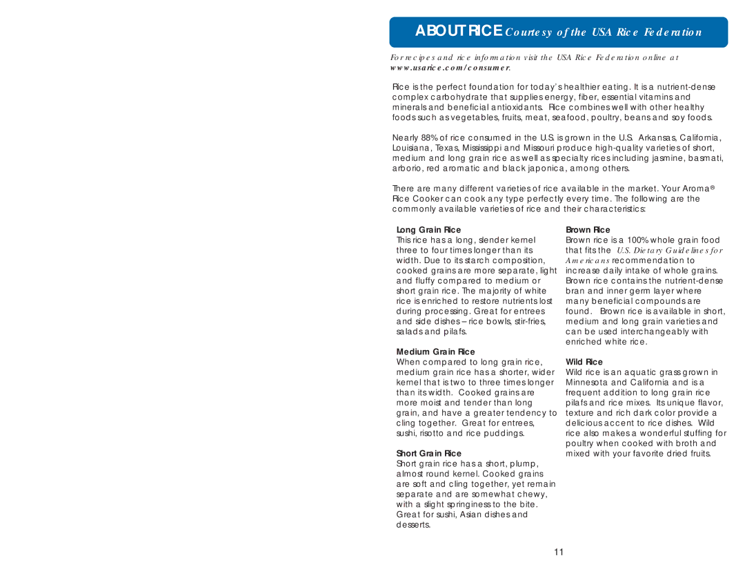 Aroma ARC-830TC instruction manual About Rice Courtesy of the USA Rice Federation 