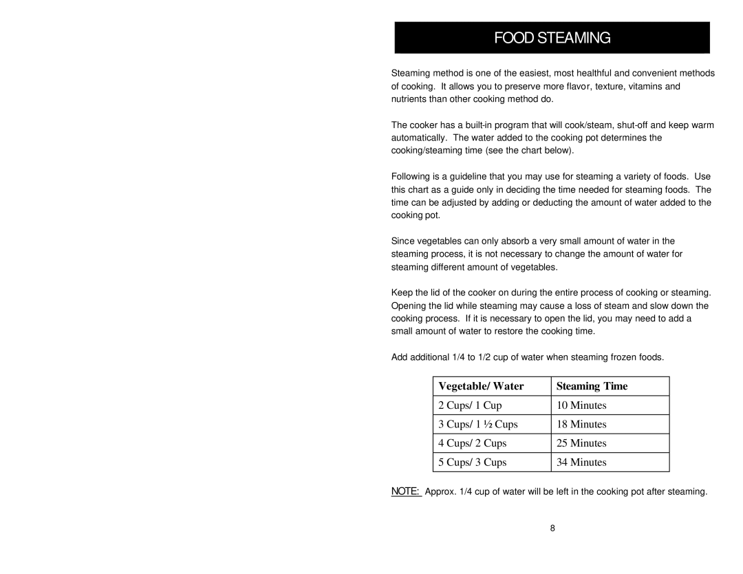 Aroma ARC-840 instruction manual Food Steaming 