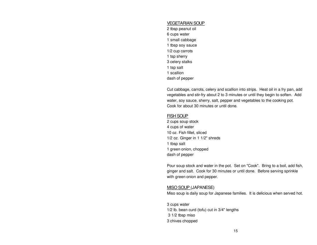 Aroma ARC-840 instruction manual Vegetarian Soup 2 tbsp peanut oil, Fish Soup, Miso Soup Japanese 