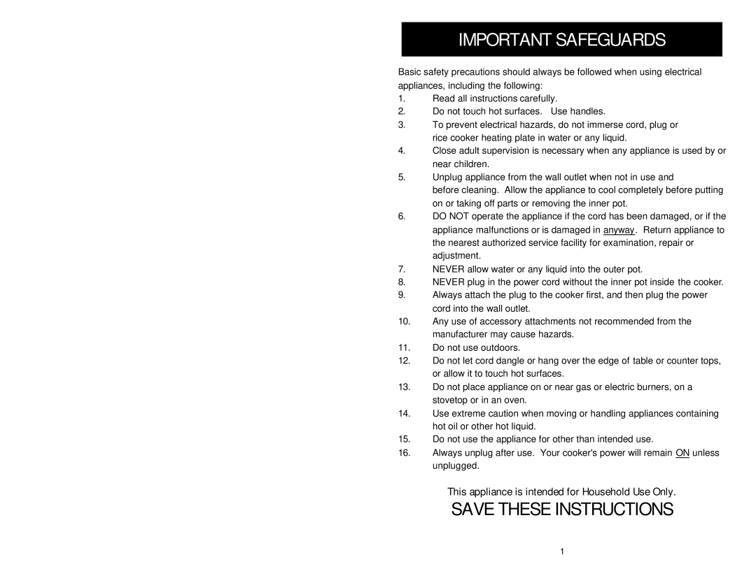 Aroma ARC-840 instruction manual Important Safeguards, This appliance is intended for Household Use Only 