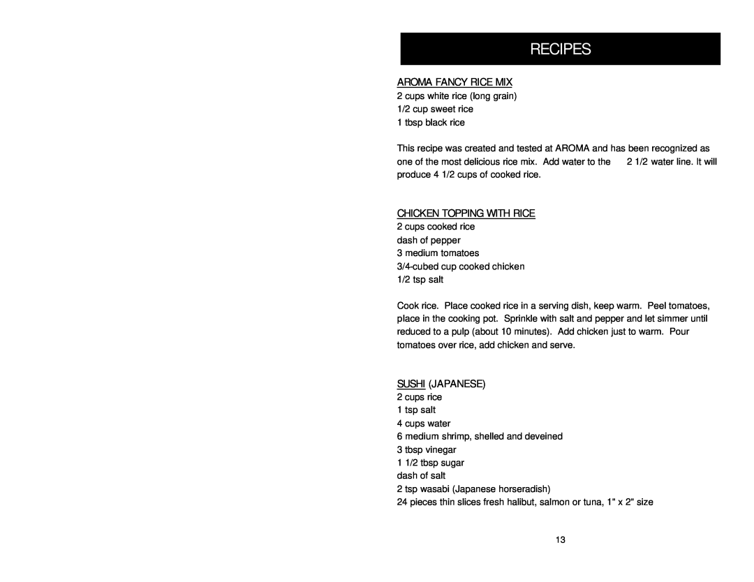 Aroma ARC-840 instruction manual Recipes, Sushijapanese 