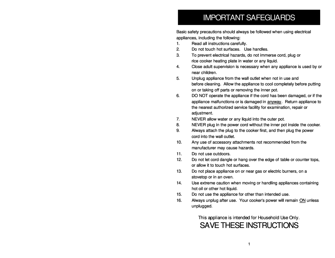Aroma ARC-840 Important Safeguards, Save These Instructions, This appliance is intended for Household Use Only 