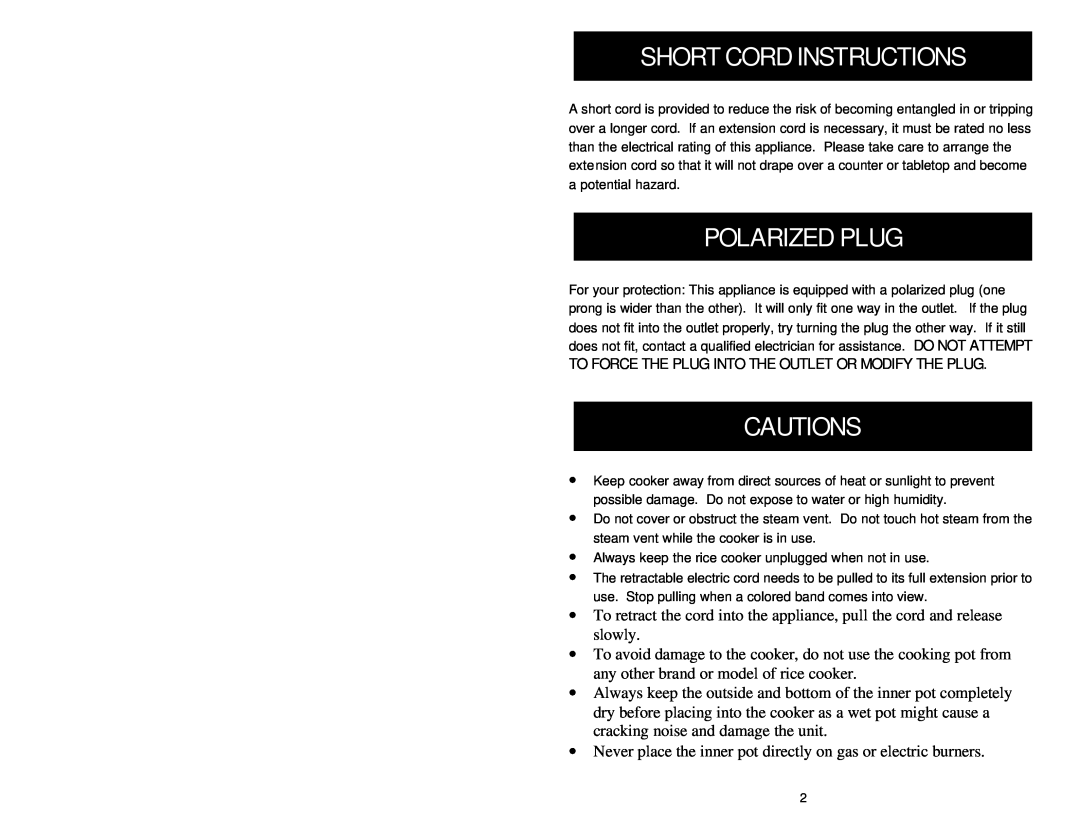 Aroma ARC-840 instruction manual Short Cord Instructions, Polarized Plug, Cautions 