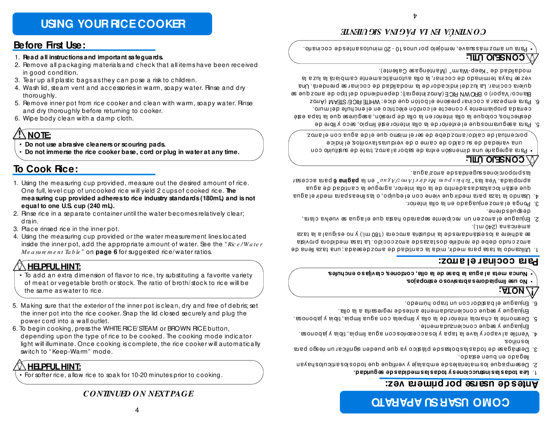 Aroma ARC-848SB instruction manual Using Your Rice Cooker, Before First Use, To Cook Rice, Helpful Hint 