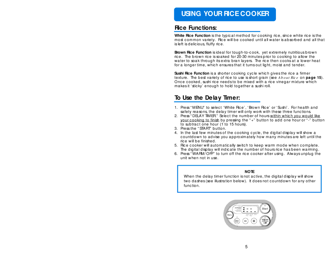 Aroma ARC-852 instruction manual Rice Functions, To Use the Delay Timer 