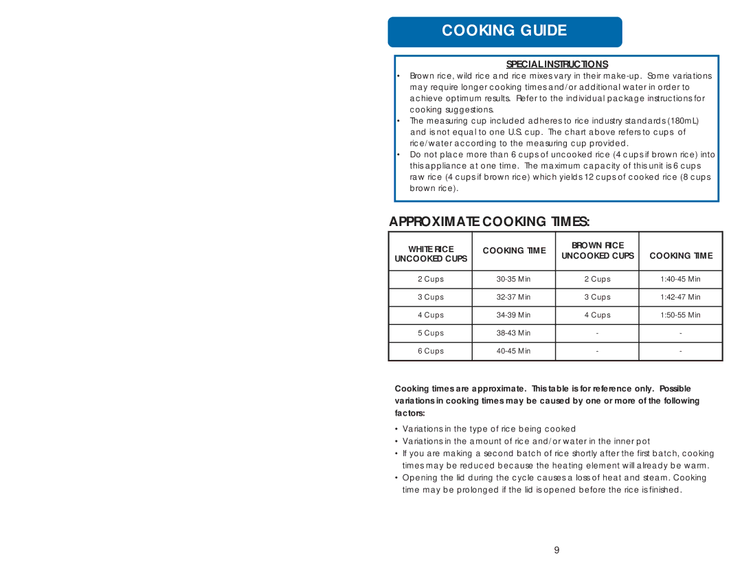 Aroma ARC-856 instruction manual Approximate Cooking Times 