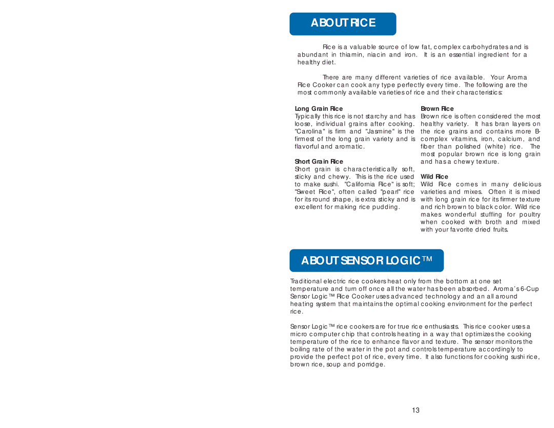 Aroma ARC-856 instruction manual About Rice, About Sensor Logic 