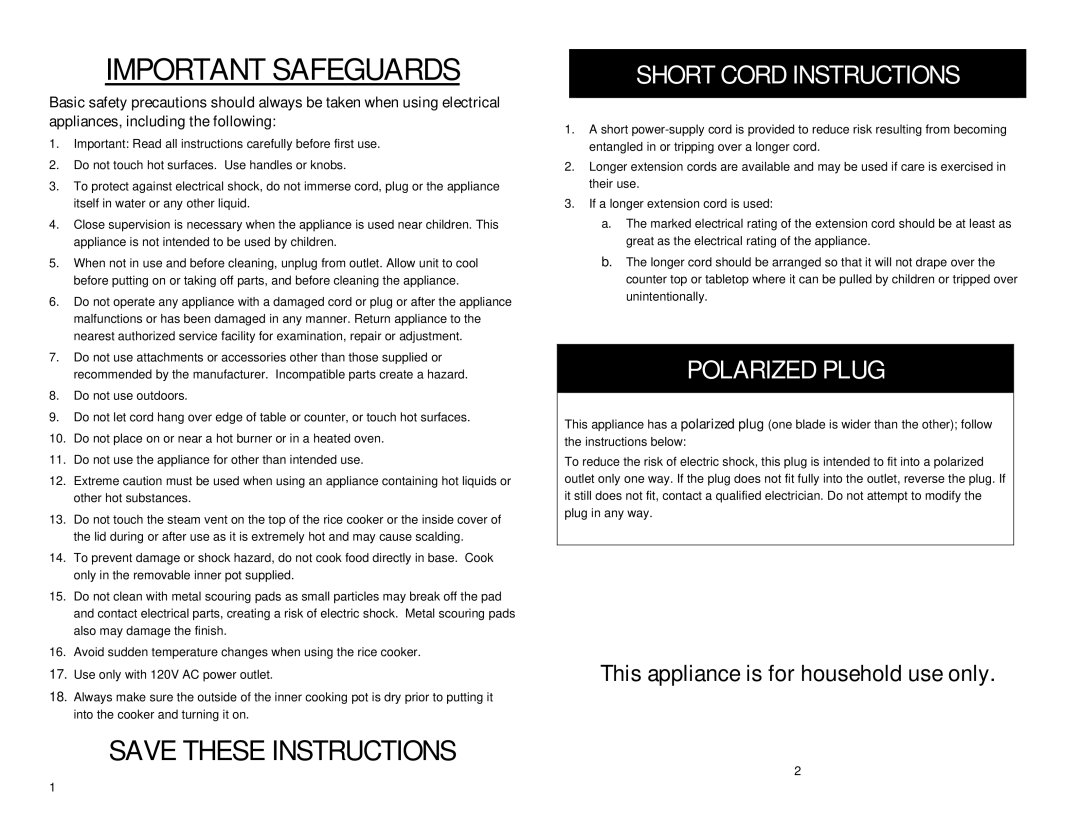 Aroma ARC-896 instruction manual Important Safeguards, Short Cord Instructions, Polarized Plug 