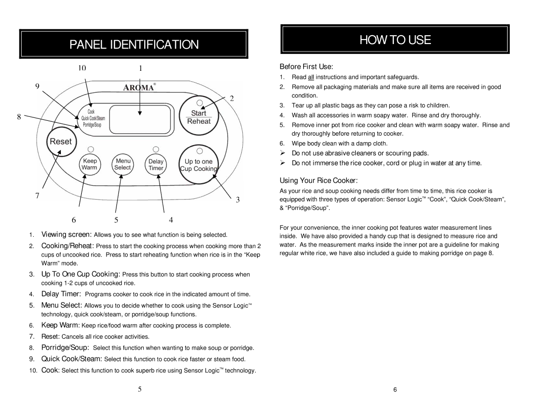 Aroma ARC-896 instruction manual Panel Identification HOW to USE, Before First Use, Using Your Rice Cooker 